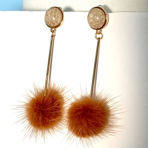 Faux Fur Pom Ball Linear Drop Gold Tone Earrings - Picture 6 of 8